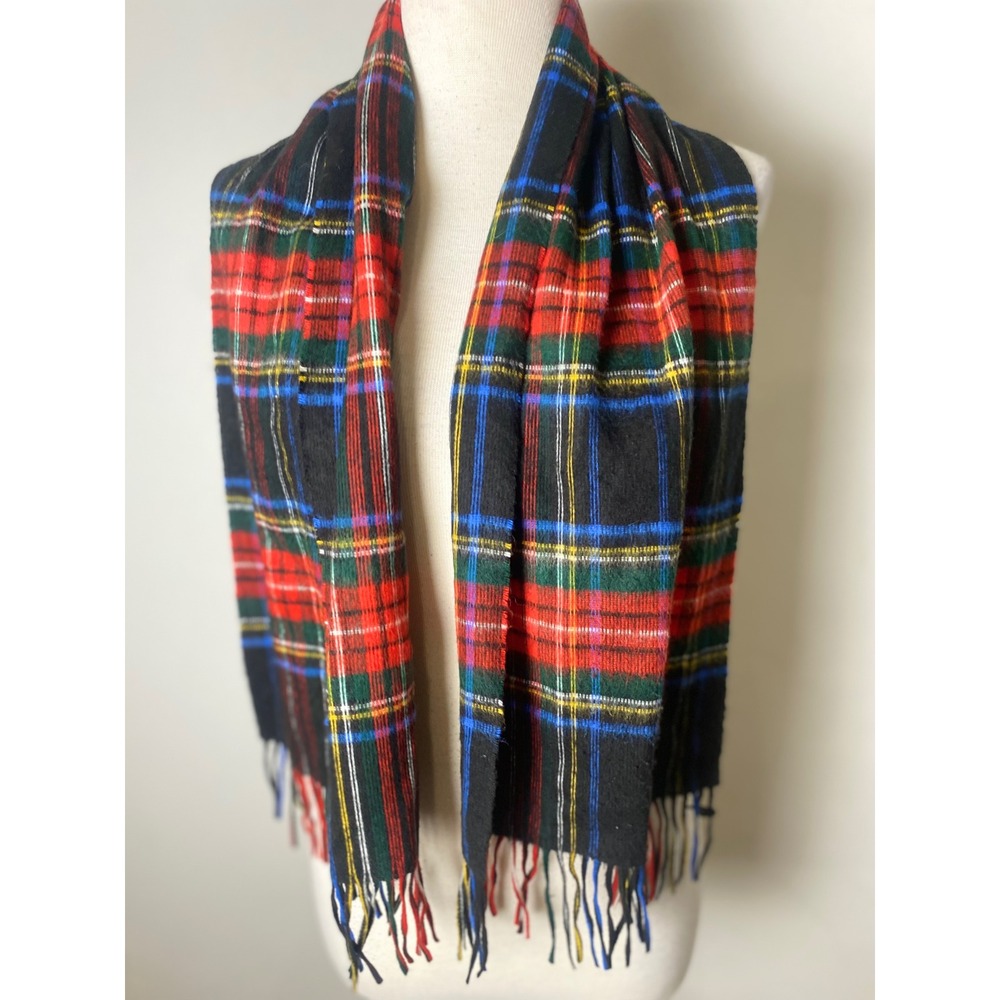 Vintage V. Fraas Plaid Scarf Black Red Blue Multi Color Fringed Made in Germany